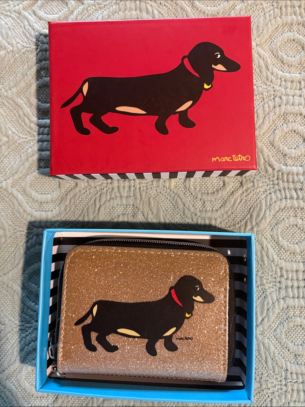 Marc Tetro Gold Glitter Zip Wallet with Black Dachshund Motif